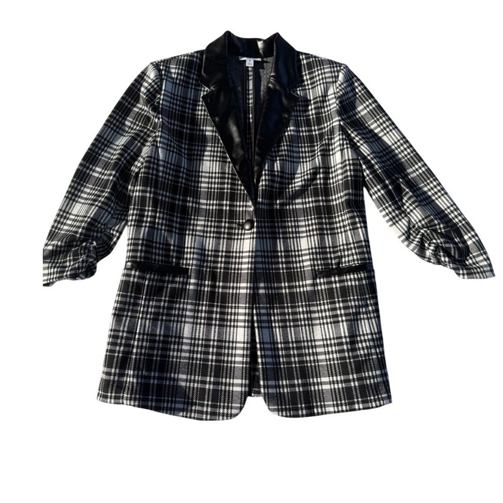 Bar III Black & White Plaid Blazer Faux Leather Trim Women's Size Medium